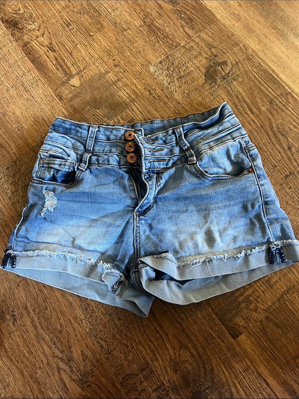 Vanilla Star Light Blue Distressed Roll-Cuff Jean Shorts